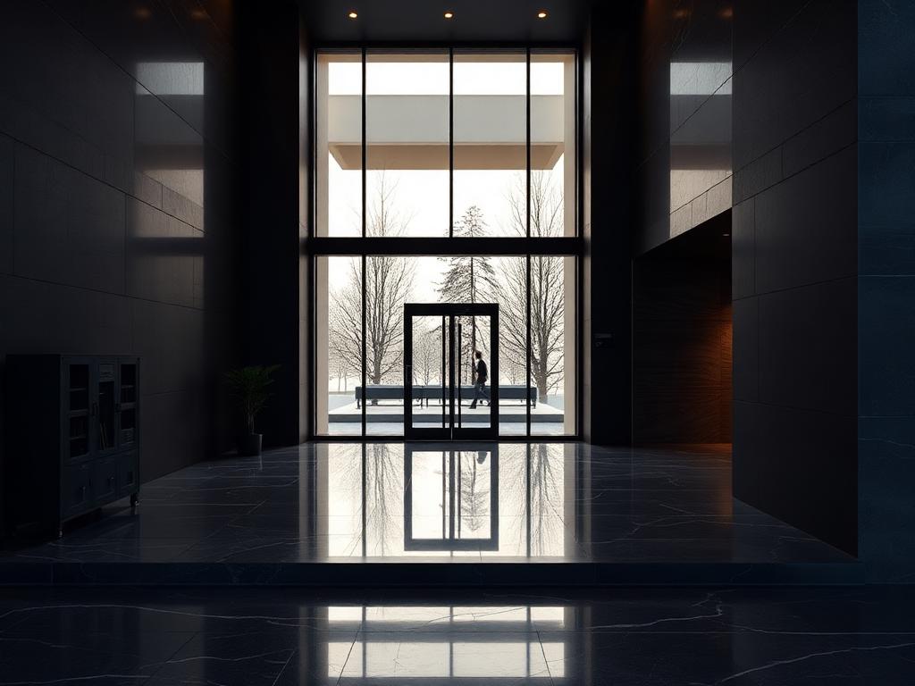 Premium kantoorlobby met donker steen en glas