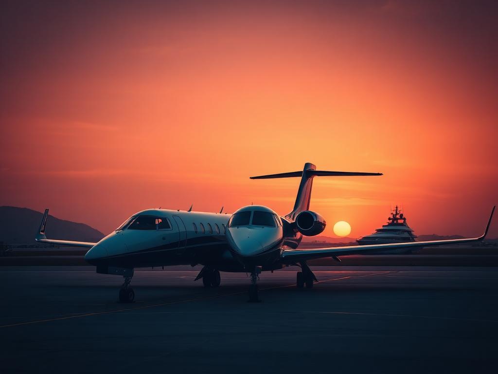 Privéjet op het platform bij zonsondergang