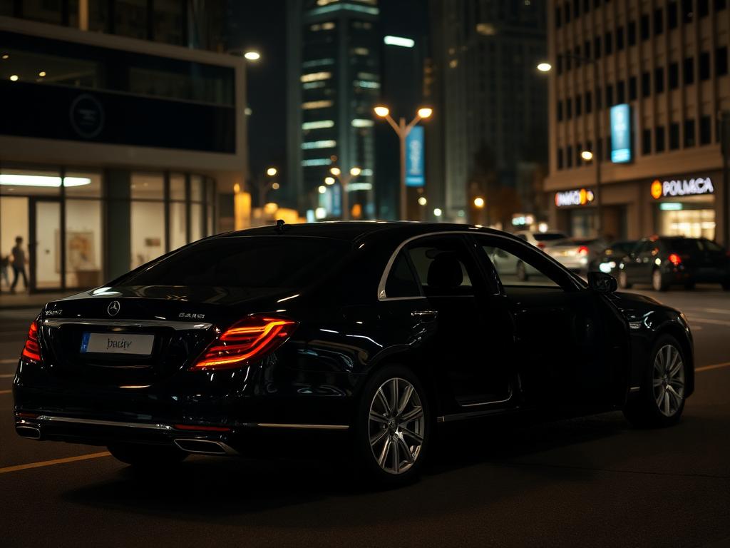 Premium zwarte sedan met geopende deur in een stad bij nacht