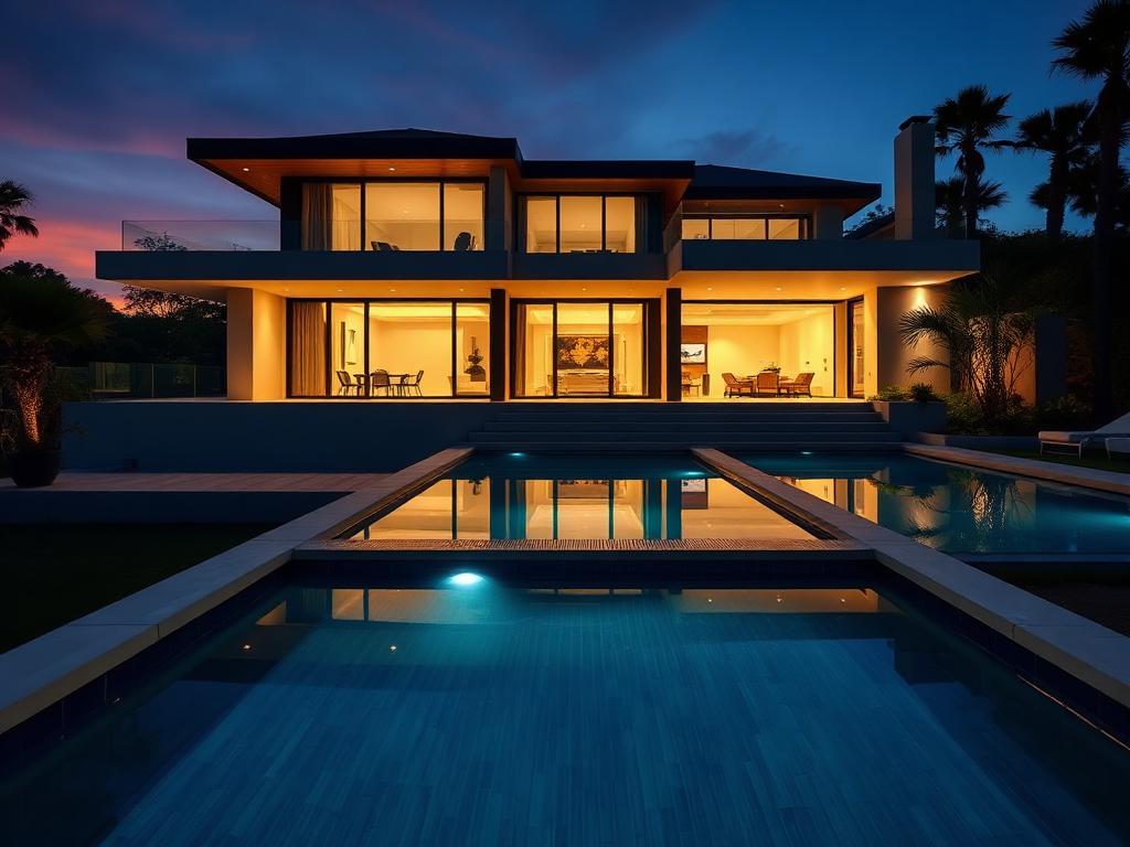 Moderne luxe villa met zwembad bij schemering