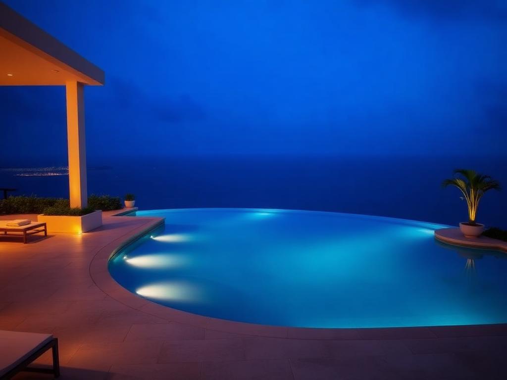 Luxe resort met infinity pool tijdens het blauwe uur